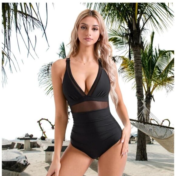 Tempt Me One Piece Womens Med Bathing Suit Black Mesh V-Neck Tummy Control - Picture 2 of 10